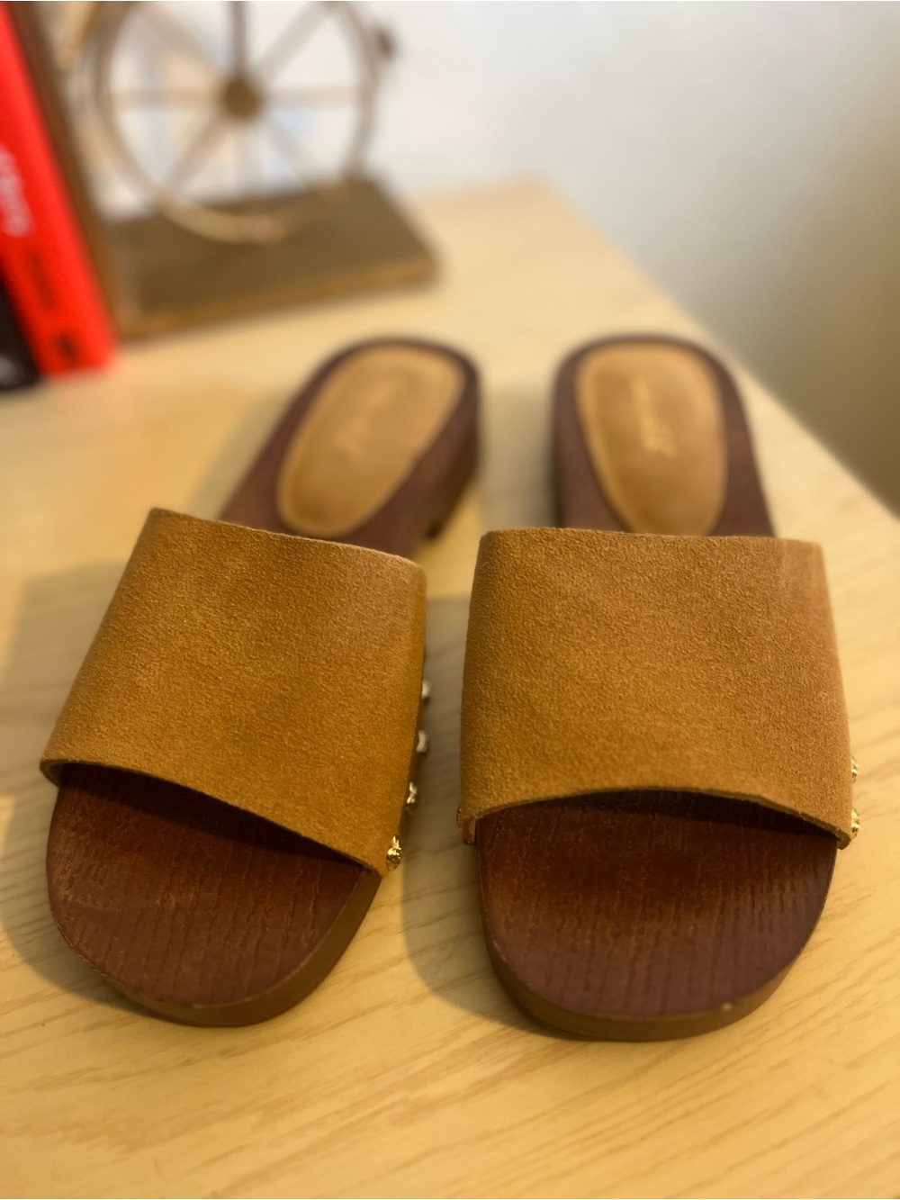 Splendid Tan Suede Slide Mules with Gold Stud Accents